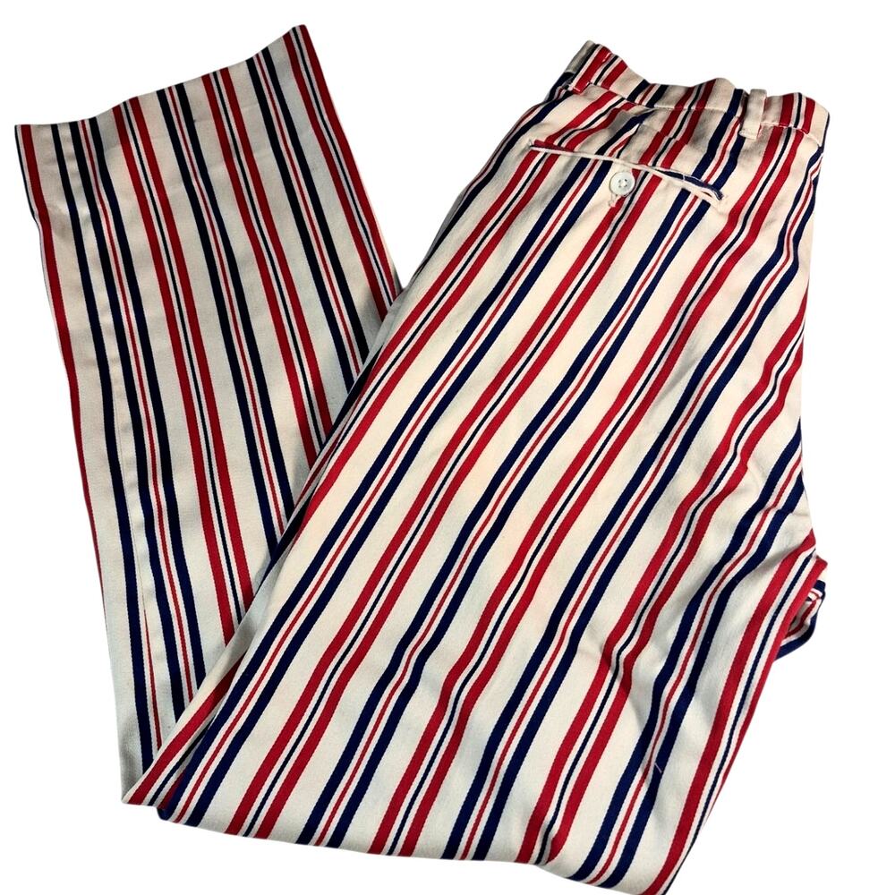 Vintage 1970 Red, White & Blue Striped Mod Trousers Straight Leg High Rise Pants